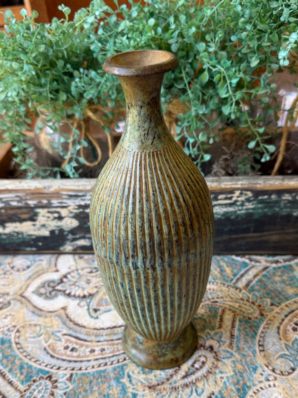 Rustic Ribbed Metal Vase Verdigris Finish Decorative Floor Vase 10 Inch